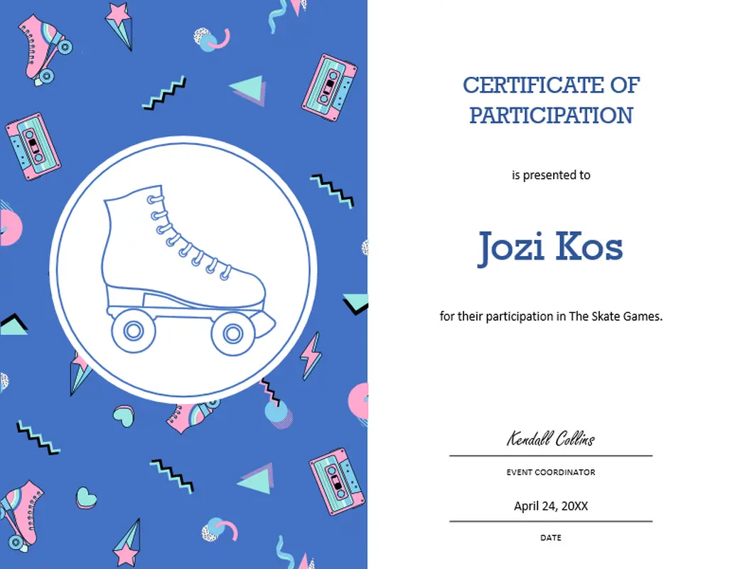 Roller skate participant certificate